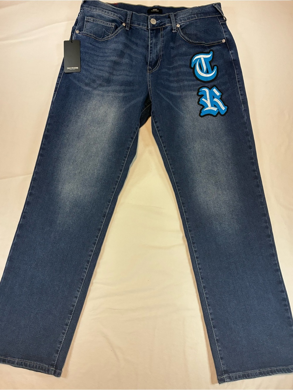 True Religion Men's Dark Blue Denim Jeans with Blue Logo Patches